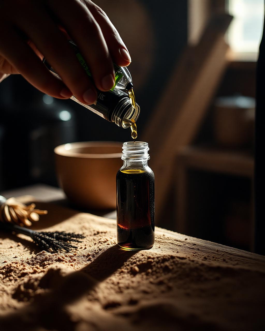 Mãos artesanais preparando óleo botânico